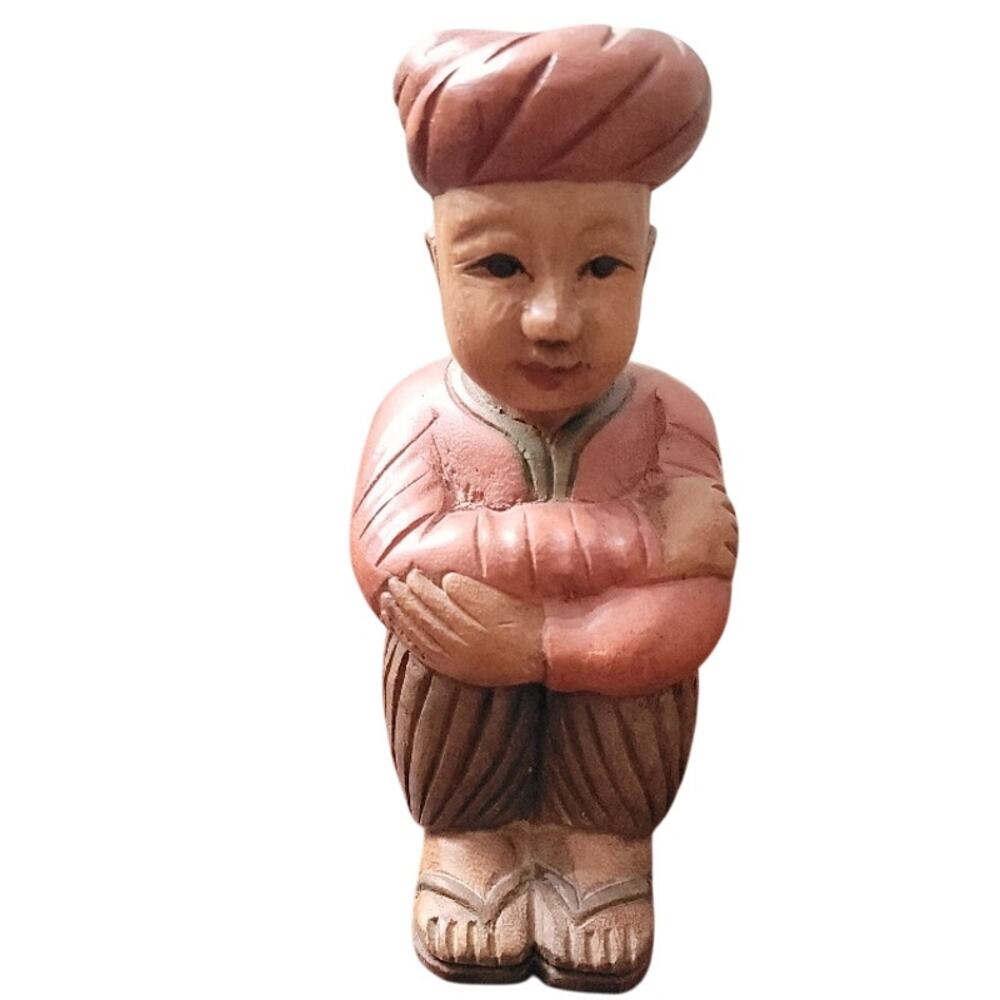 Vintage Hand Carved Wood Figure Man Turban Seated Pose Folk Art‎